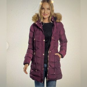 Celsius Hooded Puffer Coat with Fleece Lining and Gold trim Burgundy Size M